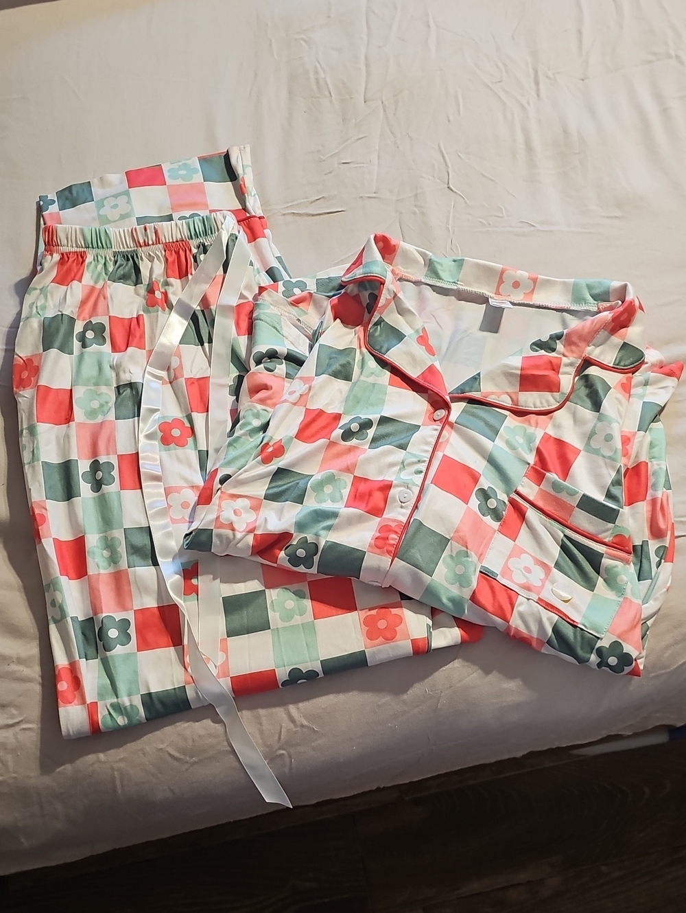 Floral Check Pajama Set in Coral, Mint & White
